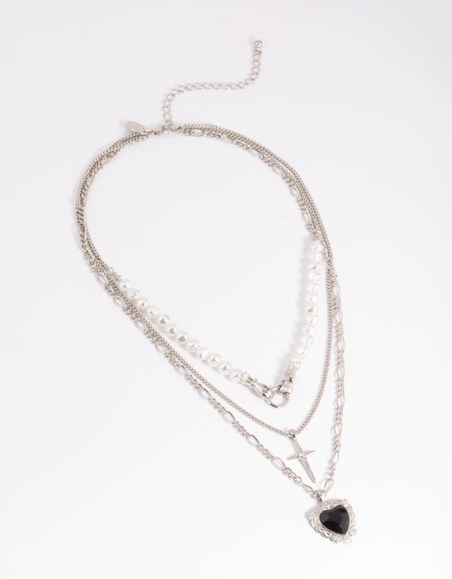 Lovisa - Silver Pearl Heart Star Layered Necklace