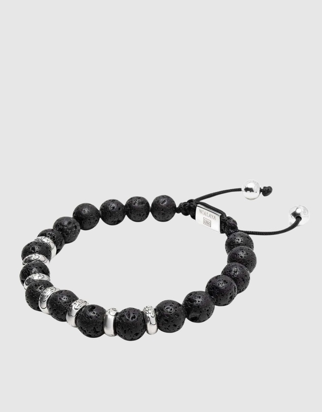 Nialaya Jewellery - Men's Sterling Silver Beaded Bracelet with Lava Stone