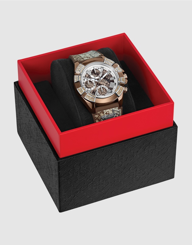 GUESS - ICONIC 40TH Logo 39mm Silver-Tone Case Brown Silicone Strap