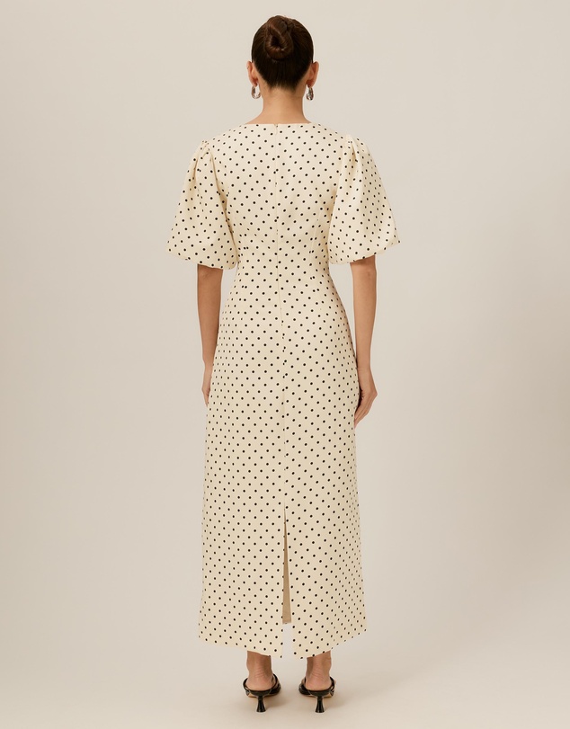 Tussah - Thea V-Neck Polka Dot Puff Sleeve Midi Dress