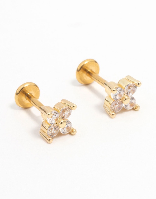 Lovisa - Gold Plated Surgical Steel Cubic Zirconia Mini Flower Flat Back Earrings 2-Pack