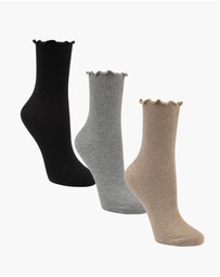 Pussyfoot - 3 Pack Ribbed Frill Quarter Crew Socks Bamboo Cotton Circulation Friendly Comfort Top