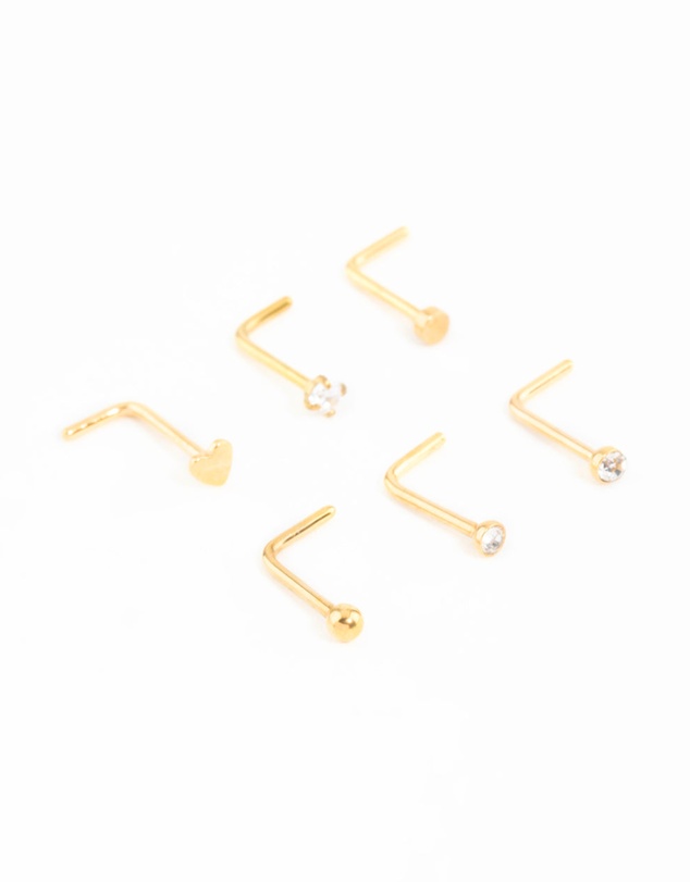 Lovisa - Gold Plated Surgical Steel Heart Cubic Zirconia Nose Studs 6-Pack