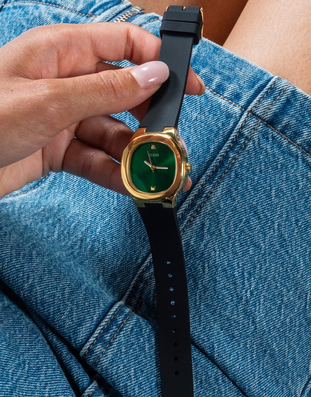 GUESS - Eve Gold-tone 32mm Green Dial Ladies Watch with Black Silicone Strap