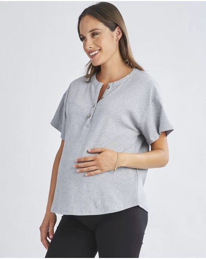 Angel Maternity - Simple Classic Ribbed Button Short Sleeve Top In Flower Grey