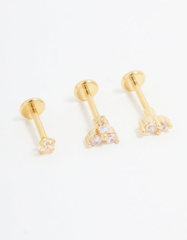 Lovisa - Gold Plated Surgical Steel Cubic Zirconia Round Flat Back Studs 3-Pack