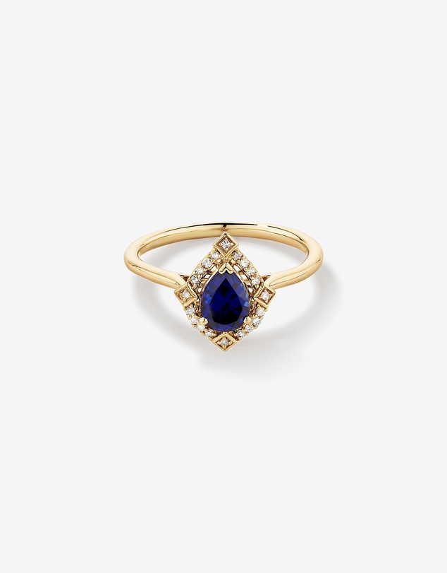 Michael Hill - Pear Cut Created Sapphire and Diamond Halo Ring in 10kt Yellow Gold