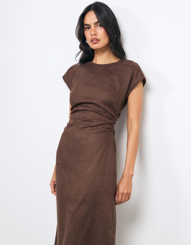 AERE - Amel Ruched Extended Sleeve Midi Dress