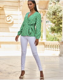 Sosandar - Metallic Fleck Print Blouson Sleeve Knot Front Top