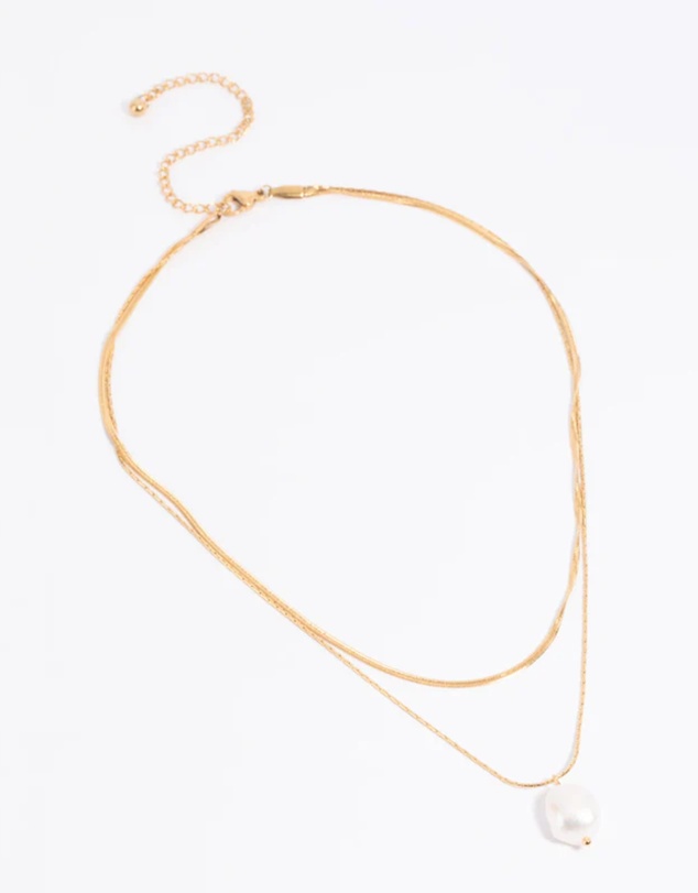 Lovisa - Waterproof Gold Plated Stainless Steel Snake Chain & Freshwater Pearl Layered Necklace