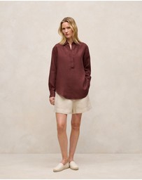 Trenery - Delave Linen Half Placket Shirt in Espresso