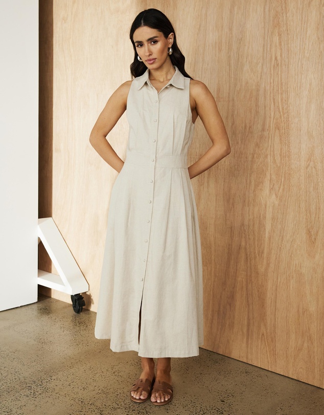 Atmos&Here - Suki Collared Linen Blend Midi Dress