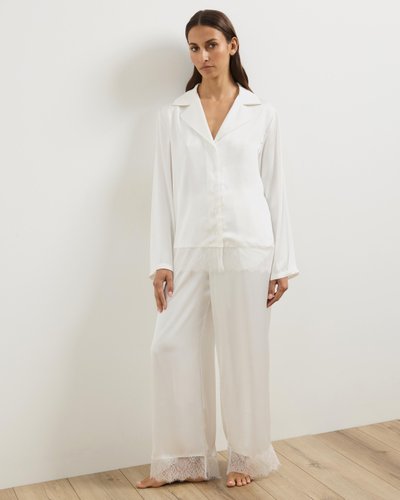 Pearl Lace Trim Long Sleeve Satin Pyjama Set