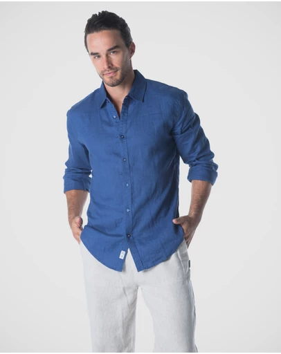 Coast Clothing - Long Sleeve Linen Shirt: Indigo Blue