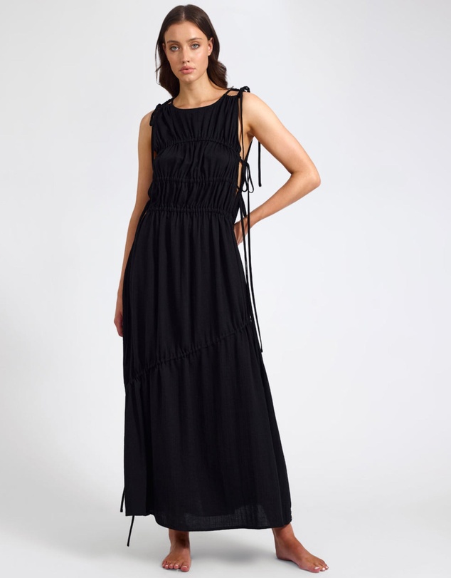ONE TEASPOON - Evelyn Gathered Ruched Maxi Dress - Black