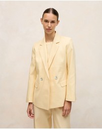 Trenery - Linen Cotton Herringbone Double Breasted Blazer in Butter