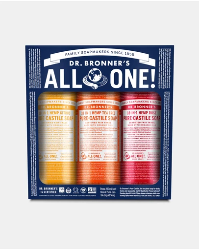 Dr Bronner's - Summer Loving Gift Set 3 x 237ml Dr Bronner's Castile Soap Rose, Citrus and Tea Tree