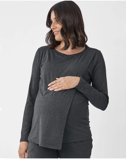 Angel Maternity - Monique Long Sleeve Nursing Petal Top - Charcoal