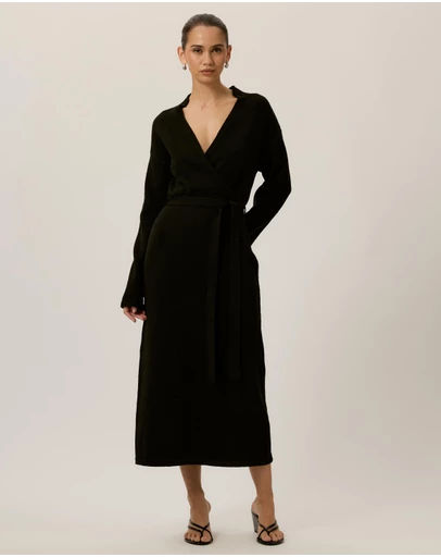 Tussah - Ella Knitted Wrap Front Long Sleeve Midi Dress