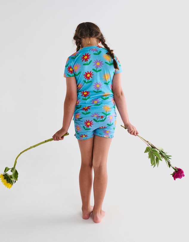 Kip&Co - Little Flowers Organic Cotton SS Tee Frill Shorts Pyjama Set - Kids-Teens
