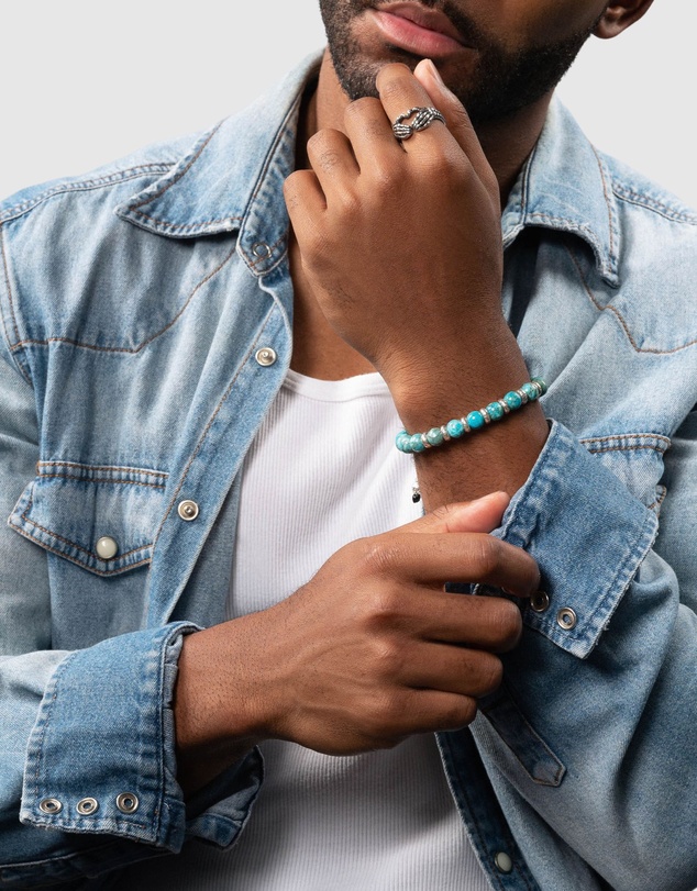 Nialaya Jewellery - Men's Sterling Silver Beaded Bracelet with Turquoise