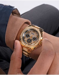 GUESS - Gold-Tone Multi-function Men's 46mm Black Dial with Crystals on Bezel and Strap Analogue Watch