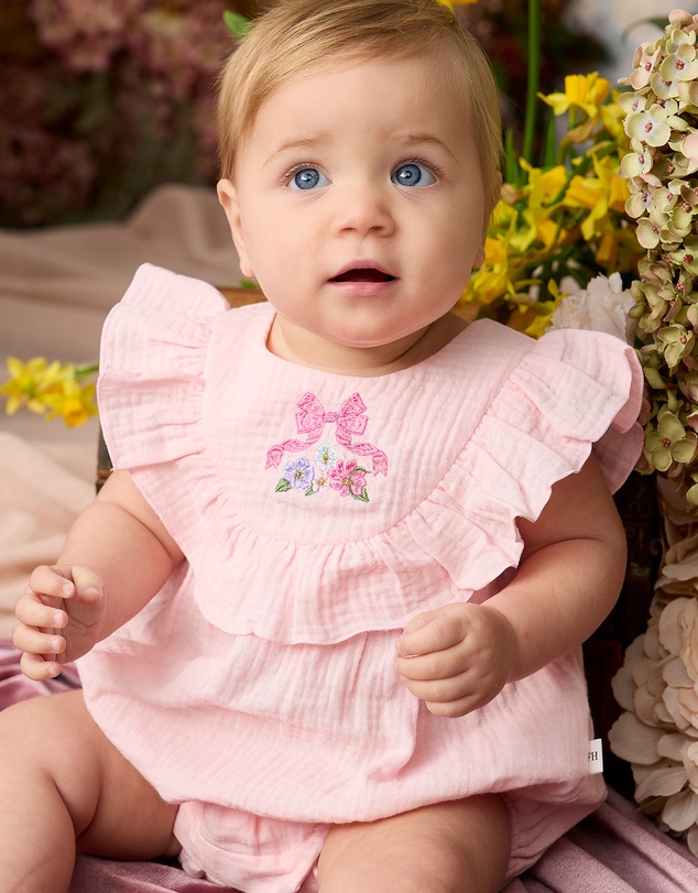 Fleur Harris - 'Heirloom Treasures' Blossom Frill Romper in Soft Pink