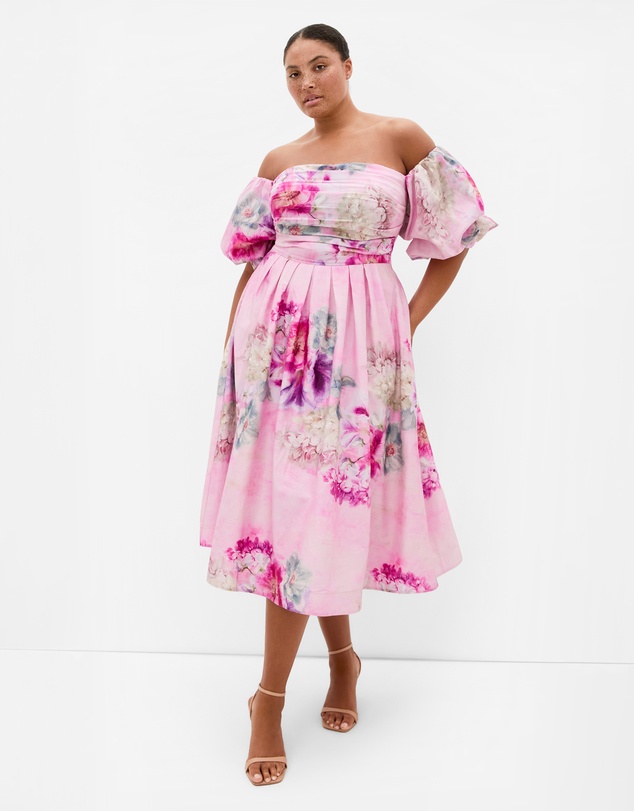 City Chic - Plus size Rosalee Garden Print Puff Sleeve Midi Dress - pink