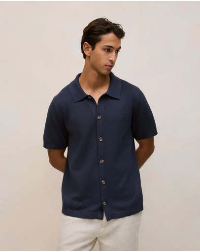 Trenery - Cotton Basketweave Knit Shirt in Navy
