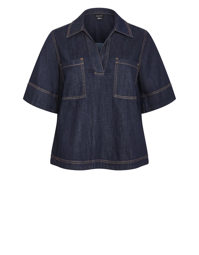 City Chic - Plus size Tiana Pocket Cotton Denim Top - dark wash