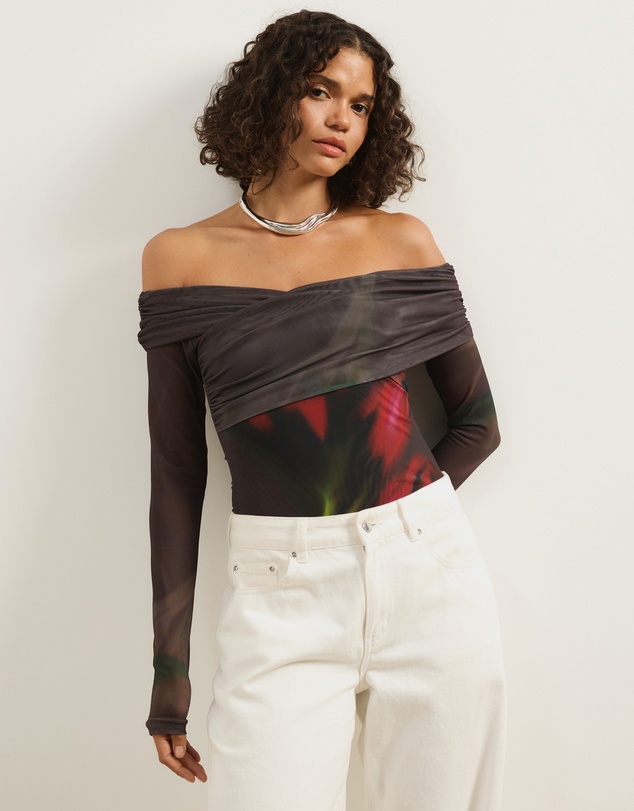 Atmos&Here - Ophelia Cross Off Shoulder Mesh Long Sleeve Top