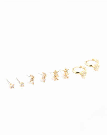 Lovisa - Gold Plated Brass Cubic Zirconia Flower Earrings 4-Pack
