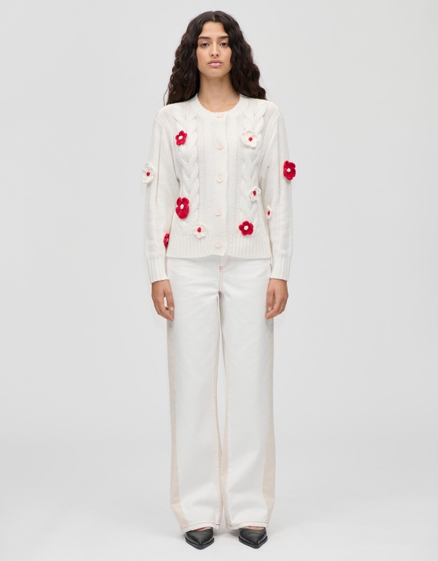 Stine Goya - Cotton Wool Yarn Crewneck Cable Cardigan