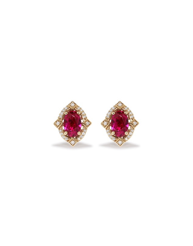 Michael Hill - Oval Cut Created Ruby and Diamond Halo Stud Earrings in 10kt Yellow Gold