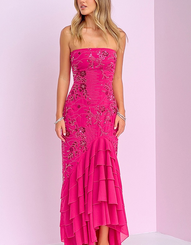 Beginning Boutique - Khai Pink Ruffle Maxi Scarf Beaded Dress
