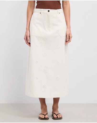 The Fated - Stephanie Broderie Twill Midi Skirt