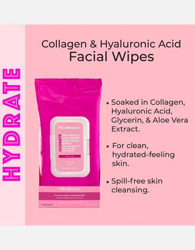 MCoBeauty - Hydrate Hyaluronic Acid & Collagen Facial Wipes - 25 Pack