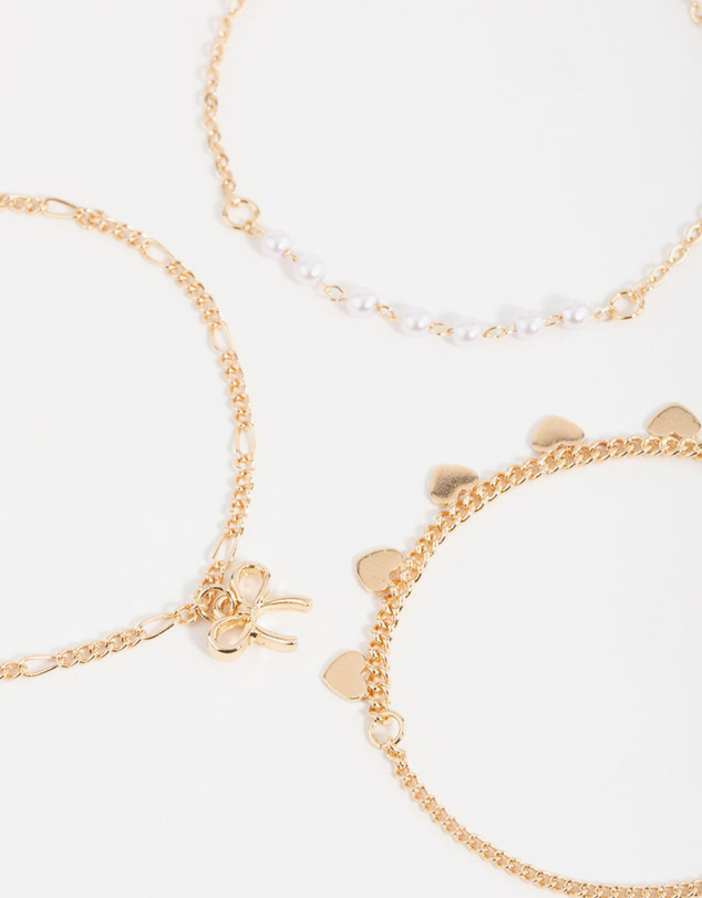 Lovisa - Gold Diamante Pearl Bow & Heart Bracelets 3-Pack