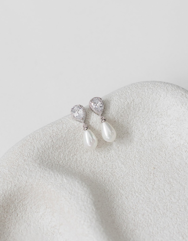 The White Collection - Sara - Silver Pearl Bridal Earrings