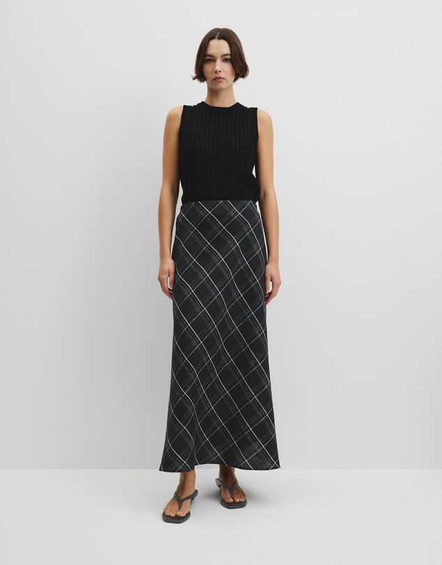 Country Road - Organically Grown Linen Check Pull-on Midi Skirt