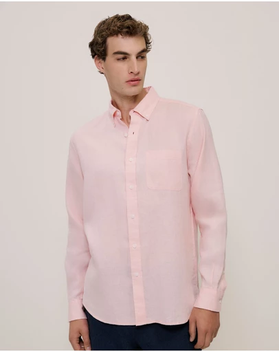 Trenery - Regular Fit Linen Classic Long Sleeve Shirt in Blossom Pink