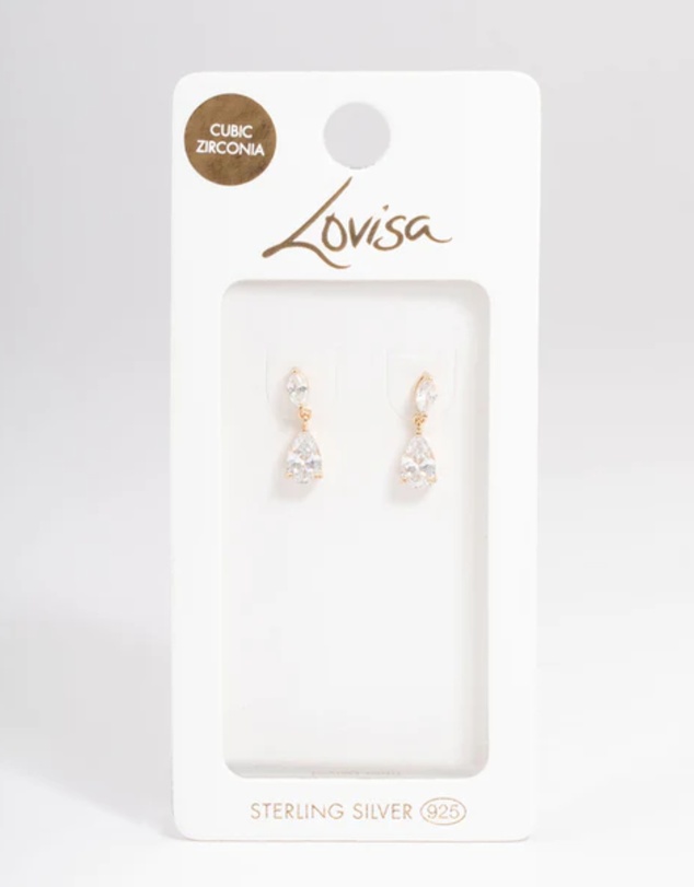Lovisa - Gold Plated Sterling Silver Cubic Zirconia Marquise Drop Earrings