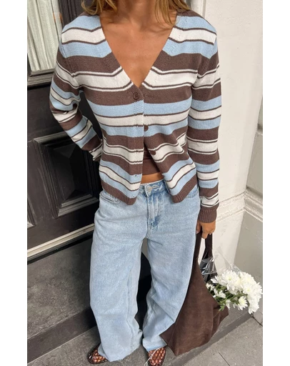 Beginning Boutique - Misha Brown and Blue Stripe Button Down Cardigan