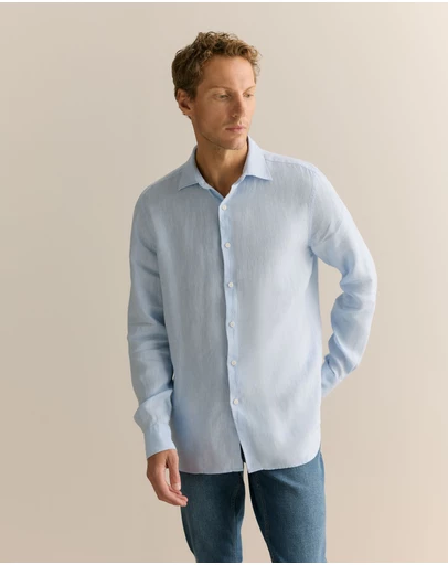 Trenery - Tailored Fit Delave Linen Long Sleeved Shirt in Fresh Blue