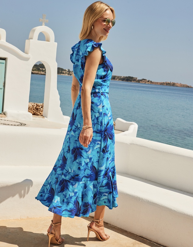 Sosandar - Floral Print Ruffle Hem Belted Dress