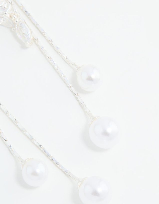 Lovisa - Silver Plated Cubic Zirconia Pearl Leaf Drop Hook Earrings