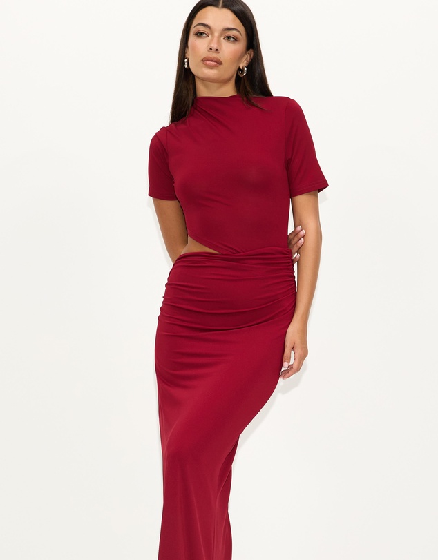 Dazie - Evening Gem Ruched Cut Out Short Sleeve Jersey Maxi Dress