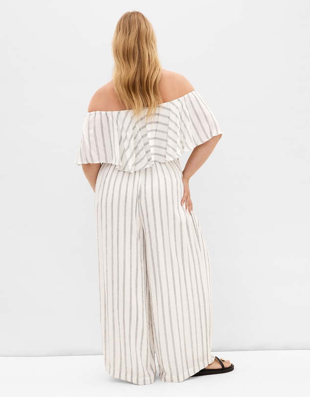 City Chic - Plus size Emery Off Shoulder Stripe Jumpsuit - ivory