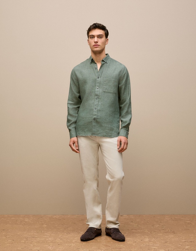 Trenery - Regular Fit Delave Linen Long Sleeve Shirt in Evergreen