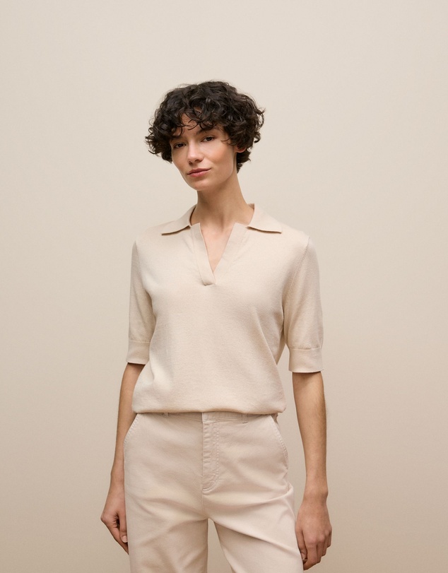 Trenery - Cotton Cashmere Half Sleeve Polo in Camel